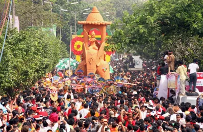 A Giant Elephant joins in the Mongol Shobhajatra procession in style on the premises of Dhaka University welcoming Pohela Boishakh in 2010
