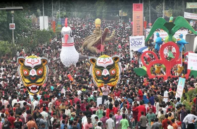 Masks of tiger, props of birds and crocodile ride along with the Mongol Shobhajatra in Dhaka University area welcoming Pohela Boishakh in 2011