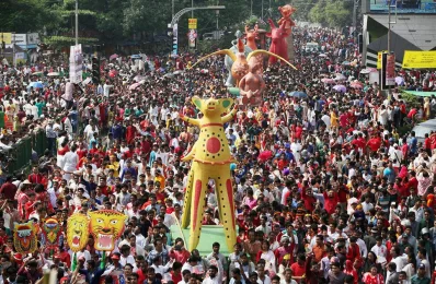 Standing above the rest, this wooden prop becomes the show stealer in the Mongol Shobhajatra of Dhaka University welcoming Pohela Boishakh in 2016