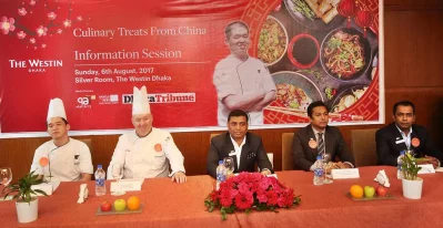 Guest Chef Tan Kwang Aik from the JW Marriott Hotel Kolkata with the Westin Dhakau2019s Executive Chef Stephen Mcgarrie and directors at the Silver Room of the Westin Dhaka for the inauguration of this years Chinese Food Festival on August 6, 2017. SYED ZAKIR HOSSAIN/DHAKA TRIBUNE