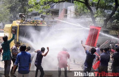 Water cannon being used to disperse the protesting crowd MAHMUD HOSSAIN OPU/DHAKA TRIBUNE
