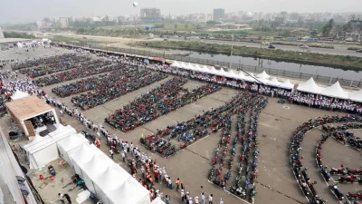 Motorcycle company Yamaha creates an installation art with motorcycles at the premises of International Convention City Bashundhara in Dhaka | Rajib Dhar/Dhaka Tribune