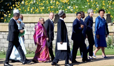 Prime Minister Sheikh Hasina ,second from left in a sari on the second row, joins other heads of government for the Commonwealth leadersu2019 retreat at Windsor Castle on Friday; April 20, 2018 | Focus Bangla