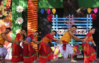 Performers dance to mark the Pohela Falgun Spring Festival, at Charukola, Dhaka University, on February 13, 2019 | Syed Zakir Hossain