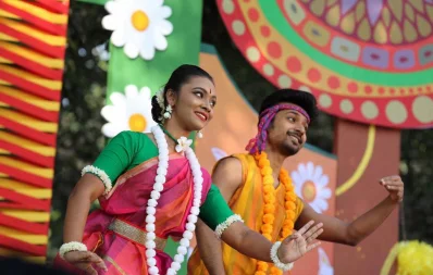 A man and woman perform a traditional dance at Pohela Falgun festivities at Charukola, Dhaka University, on February 13, 2019 | Syed Zakir Hossain