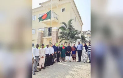 Officials hoist the national flag of Bangladesh, at half-mast, on the premises of the High Commission on the morning of February 21, 2019 Courtesy