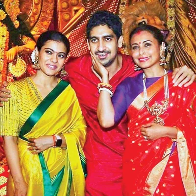Kajol Devgan and Rani Mukherjee along with Ayan Mukerji at North Bombay Sarbojanin Durga Puja Pandal on Mahashtami |nFacebook