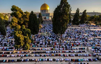 Palestinian Muslim worshippers pray on July 31, 2020 at the al-Aqsa Mosque compound in Jerusalems old city on the first day of Eid-ul-Azha AFP