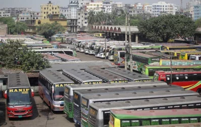 Long-route buses lay idle at Sayedabad Bus Terminal in Dhaka on the first day of the week-long lockdown on Monday Mehedi Hasan/Dhaka Tribune