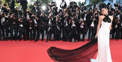 Bella Hadid in a white vintage Jean Paul Gaultier gown