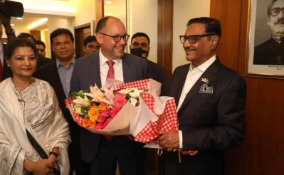 Awami League General Secretary Obaidul Quader welcomes US Ambassador Peter Haas. Photo: Courtesy