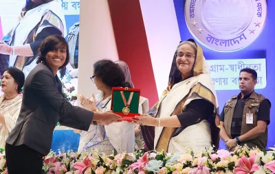 Prime Minister Sheikh Hasina hands over Bangamata Begum Sheikh Fazilatunnesa Mujib Padak-2023 to national women football team captain Sabina Khatun for her contributions to research on Tuesday, August 8, 2023. Photo: Focus Bangla