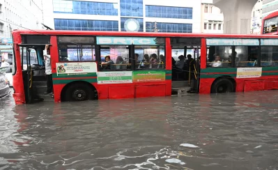A bus submerged as Dhaka experiences a sudden and continuous downpour for an hour in the afternoon causing waterlogging at Motijheel area in Dhaka on Wednesday, August 9, 2023. Photo: Dhaka Tribune