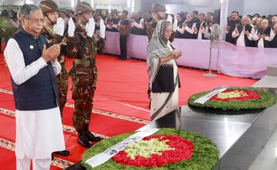 President Mohammed Shahabuddin and Prime Minister Sheikh Hasina offer special prayers for Father of the Nation Bangabandhu Sheikh Mujibur Rahman, and other August 15 martyrs marking National Mourning Day at Dhaka’s Dhanmondi on Tuesday, August 15, 2023. Photo: Focus Bangla