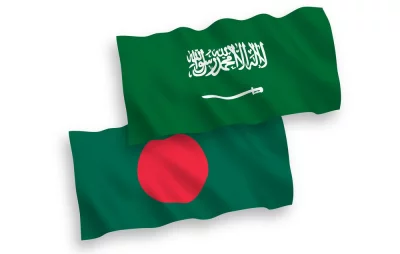 Flags Saudi-Arabia and Bangladesh on a white vector. Photo:Collected