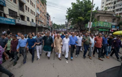 The image shows the leaders and activists of BNP&rsquo;s Dhaka South unit holding a banner in the party&rsquo;s procession in the capital on Friday, August 25, 2023. Photo: Mahmud Hossain Opu/Dhaka Tribune