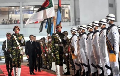 French President Emmanuel Macron at the Hazrat Shahjalal International Airport in Dhaka on Sunday, September 10, 2023. Photo: PMO