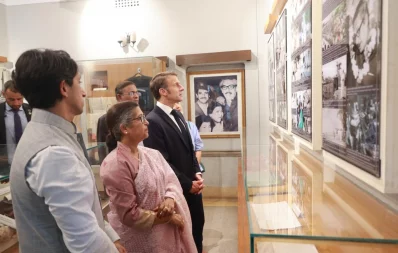 French President Emmanuel Macron, Sheikh Rehana and her son Radwan Mujib Siddiq look at Bangabandhu&rsquo;s photos at the Bangabandhu Memorial Museum on Monday, September 11, 2023. Photo: Yeasin Kabir Joy
