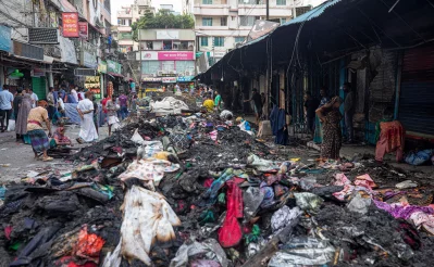 Image shows the aftermath of devastating fire at Mohammadpur Krishi Market on Saturday, September 16, 2023. Photo: Mahmud Hossain Opu/Dhaka Tribune