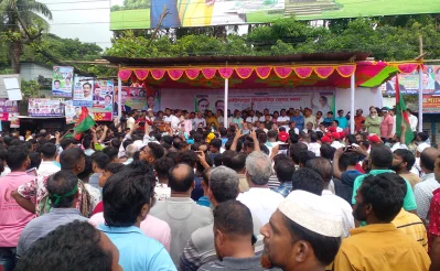 BNP leaders and activists are seen participating in the road march program in Faridpur on Tuesday, October 3, 2023. Photo: Dhaka Tribune