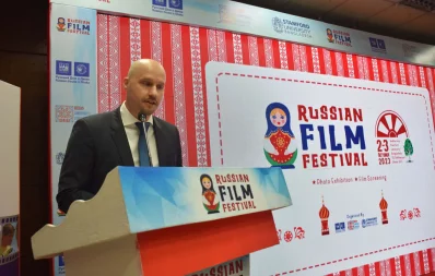 Director of the Russian House in Dhaka Pavel Dvoychenkov speaks at the photo exhibition organized by the Russian House in Dhaka in collaboration with the Stamford University Bangladesh on the university campus in Dhaka on Tuesday, October 3, 2023. Photo: Courtesy