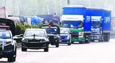 The image shows vehicles carrying Uranium for the first unit of the Rooppur Nuclear Power Plant (RNPP) in Pabna with tight security on Friday, October 6, 2023. Photo: Dhaka Tribune