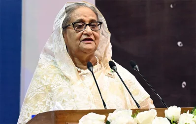Prime Minister Sheikh Hasina speaks at an event at Osmani Memorial Auditorium in Dhaka on Sunday, October 8, 2023. Photo: PID