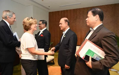 Members of the pre-election assessment mission from the US are greeted by Awami League General Secretary Obaidul Quader and Presidium Member Muhammad Faruk Khan at Hotel Sheraton in Dhaka, Monday, October 9, 2023. Photo: Mehedi Hasan/Dhaka Tribune