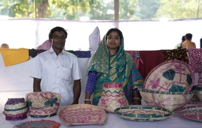 A female entrepreneur displays her cane products at the &lsquo;Festival of Enterprise&rsquo; at the Boishakhi Mancha in Shilpacharya Zainul Abedin Park in Mymensingh on Monday, October 16, 2023. Photo: Courtesy