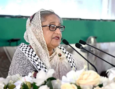 Caption: Prime Minister Sheikh Hasina addressing a Lawyers’ Grand Rally at Suhrawardy Udyan in Dhaka on Saturday, October 21, 2023. Photo: BSS
