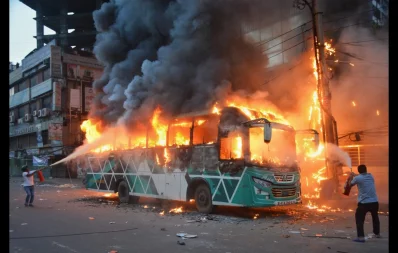 A bus was set on fire in Dhaka&rsquo;s Kakrail area on Saturday. Photo: Mehedi Hasan/Dhaka Tribune
