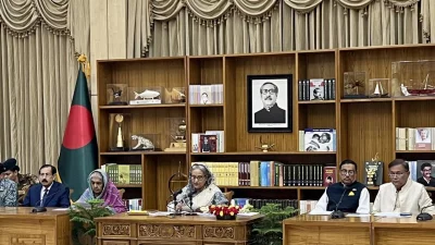 Prime Minister Sheikh Hasina addresses a press conference arranged at her official residence Ganabhaban to speak about the outcomes of her recent visit to Belgium on Tuesday, October 31, 2023. Photo: Dhaka Tribune