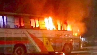 The image shows a bus set ablaze in Gazipur recently. Photo: Dhaka Tribune
