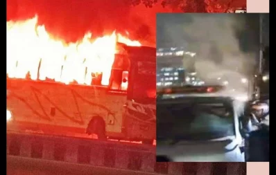 The collage image shows the bus and the micro bus on fire in Dhaka on Wednesday, November 1, 2023. Photo: Bangla Tribune