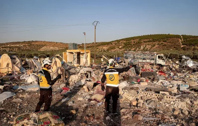 Members of the Syrian Civil Defence survey the area following a Russian air strike, in the west of Syria`s northwestern Idlib province on October 24, 2023. Photo: AFP
