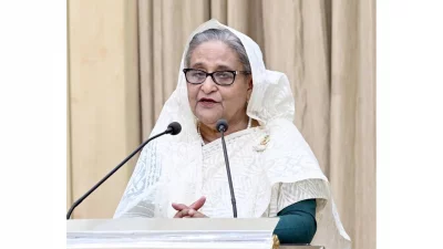 Prime Minister Sheikh Hasina speaks after receiving donations from different financial organizations for the prime minister`s Relief Fund at her official residence Ganabhaban in Dhaka on Friday, November 10, 2023. Photo: PID