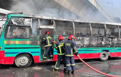 The image shows the aftermath of the Bahan Paribahan bus set ablaze in the Gulistan area on Tuesday, December 12, 2023. Photo: Collected 