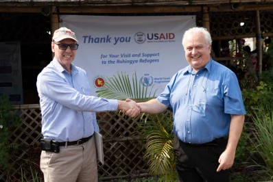 Reed Aeschliman (left), USAID Mission Director and Dom Scalpelli, WFP Country Director, during their joint visit to the Rohingya camps in Cox`s Bazar on Wednesday, December 13, 2023. Photo: WFP/Saikat Mojumder