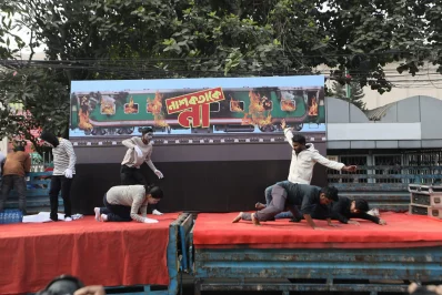 Bangladesh Group Theater Federation performed a street play called &ldquo;Guidana&rdquo; in a symbolic road march program held in Dhaka on Saturday protesting recent arson attacks, December 23, 2023. Photo: Mahmud Hossain Opu/Dhaka Tribune