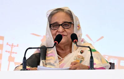 Awami League chief Prime Minister Sheikh Hasina speaks as she unveils the election manifesto of her party at a hotel in Dhaka on Wednesday, December 27, 2023. Photo: PMO