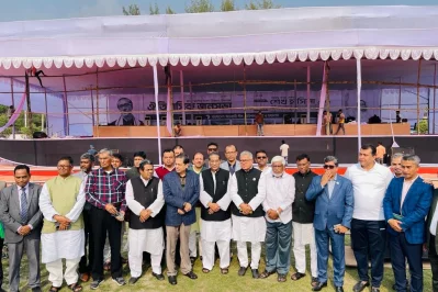 Awami leaders pose in front of the public meeting stage at Bangabandhu Udyan in Barisal on Thursday, December 28, 2023. Photo: Ali Asif Shawon
