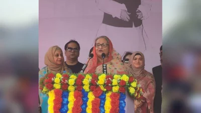 Prime Minister Sheikh Hasina addresses an election rally in Tungipara of Gopalganj on Saturday morning, December 30, 2023. Photo: Ali Asif Shawon/Dhaka Tribune