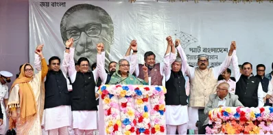 Awami League President and Prime Minister Sheikh Hasina introduces 15 candidates at an election rally at Kalabagan playground in Dhaka on Monday, January 1, 2023. Photo: PMO