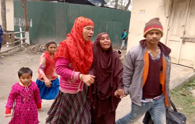 The family members and relatives are seen mourning the death of the college student China Akhter who died after being run over by a train in the Pungli, Tangail, on Tuesday, January 16, 2024. Photo: Dhaka Tribune