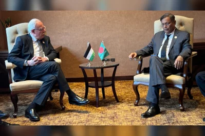 Foreign Minister Dr Hasan Mahmud meets Riyad al-Maliki, Minister of Foreign Affairs and Expatriates of the State of Palestine, on the sidelines of the 19th Summit of the Non-Aligned Movement currently being held in Kampala, Uganda, on Saturday, January 20, 2024. Photo: Courtesy