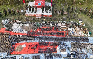 The Arakan Army displays weapons and ammunition it seized after capturing the headquarters of Myanmar junta battalion in Kyauktaw Township, Rakhine State on January 16. Photo: Collected