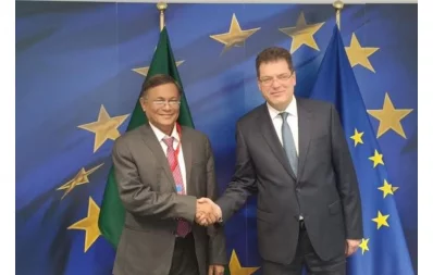 The image shows the European Commissioner for Crisis Management Janez Lenarčič with Foreign Minister Dr Hasan Mahmud in Brussels on Friday, February 3, 2024. Photo: BSS