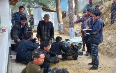 Myanmar Border Guard Police (BGP) members are seen talking to Border Guard Bangladesh members in Bangladesh after seeking refuge due to an attack by rebels on February 4, 2024. Photo: Dhaka Tribune