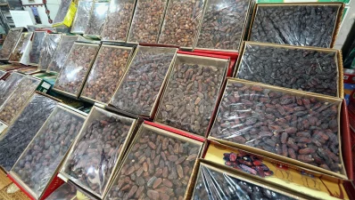 Dates of different varieties are displayed at a shop at Badamtali Wholesale Fruits Market in Dhaka, on Monday, March 11, 2024. Photo: Ahadul Karim Khan/Dhaka Tribune