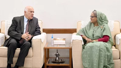 Prime Minister Sheikh Hasina and Secretary General of the Fateh Movement (Ruling Party) of Palestine Lt General Jebreel Alrjoub hold a meeting at her official residence Ganabhaban on Sunday, March 24, 2024. Photo: PID